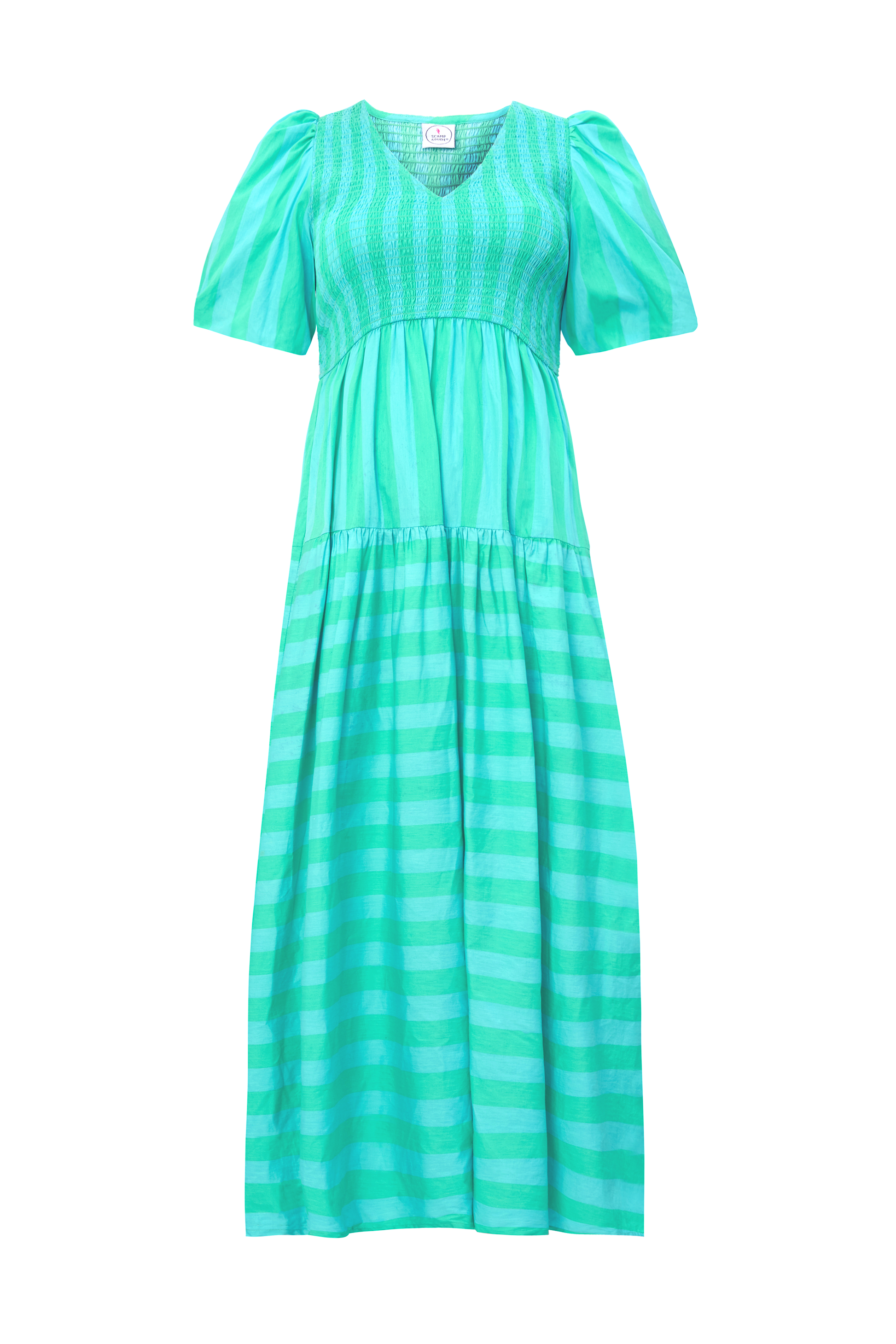 Blue with Green Stripe Puff Sleeve Maxi Dress