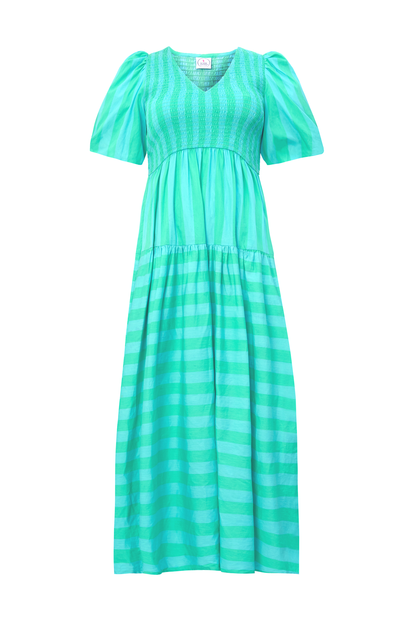 Blue with Green Stripe Puff Sleeve Maxi Dress