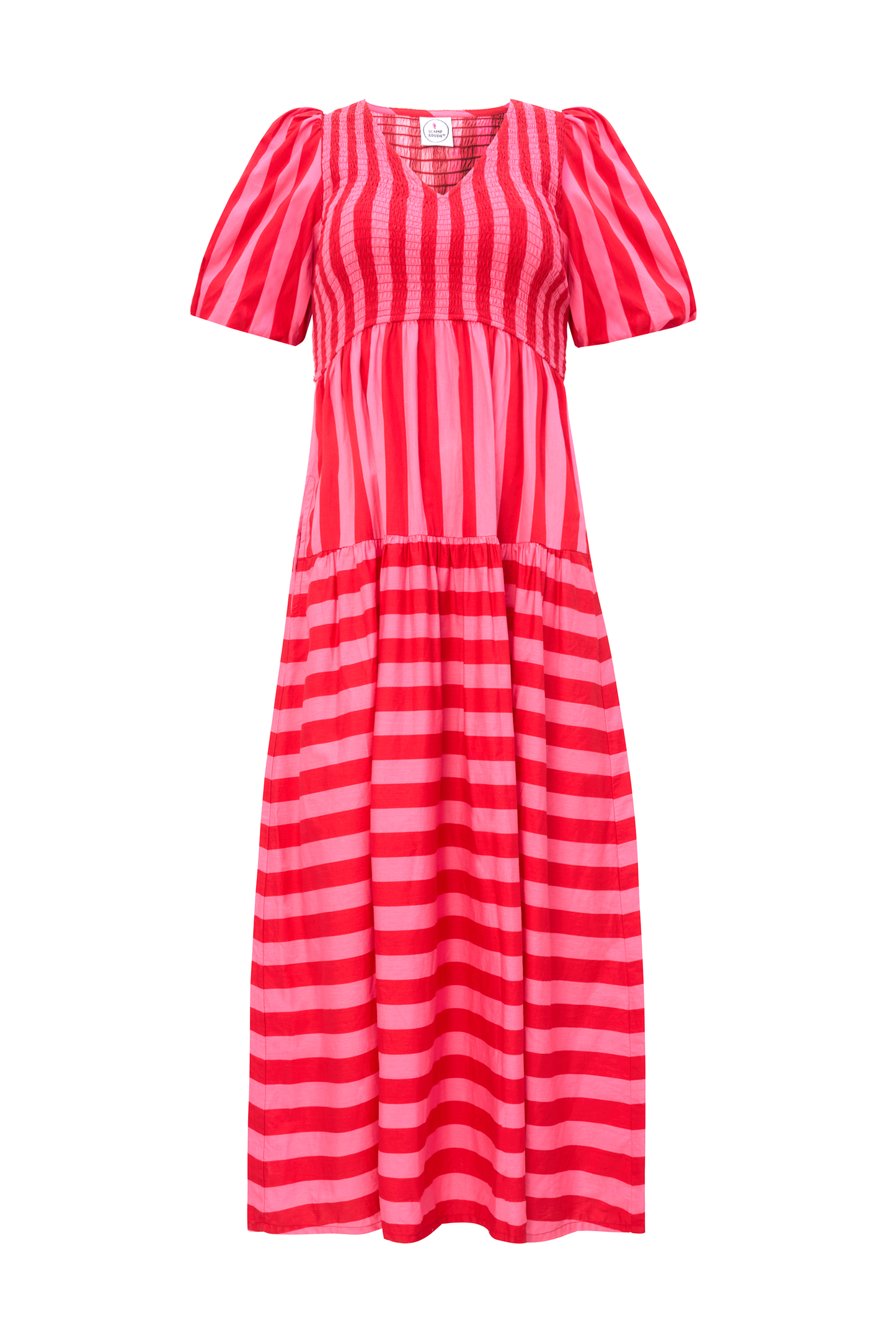 Red with Pink Stripe Puff Sleeve Maxi Dress