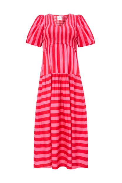 Red with Pink Stripe Puff Sleeve Maxi Dress
