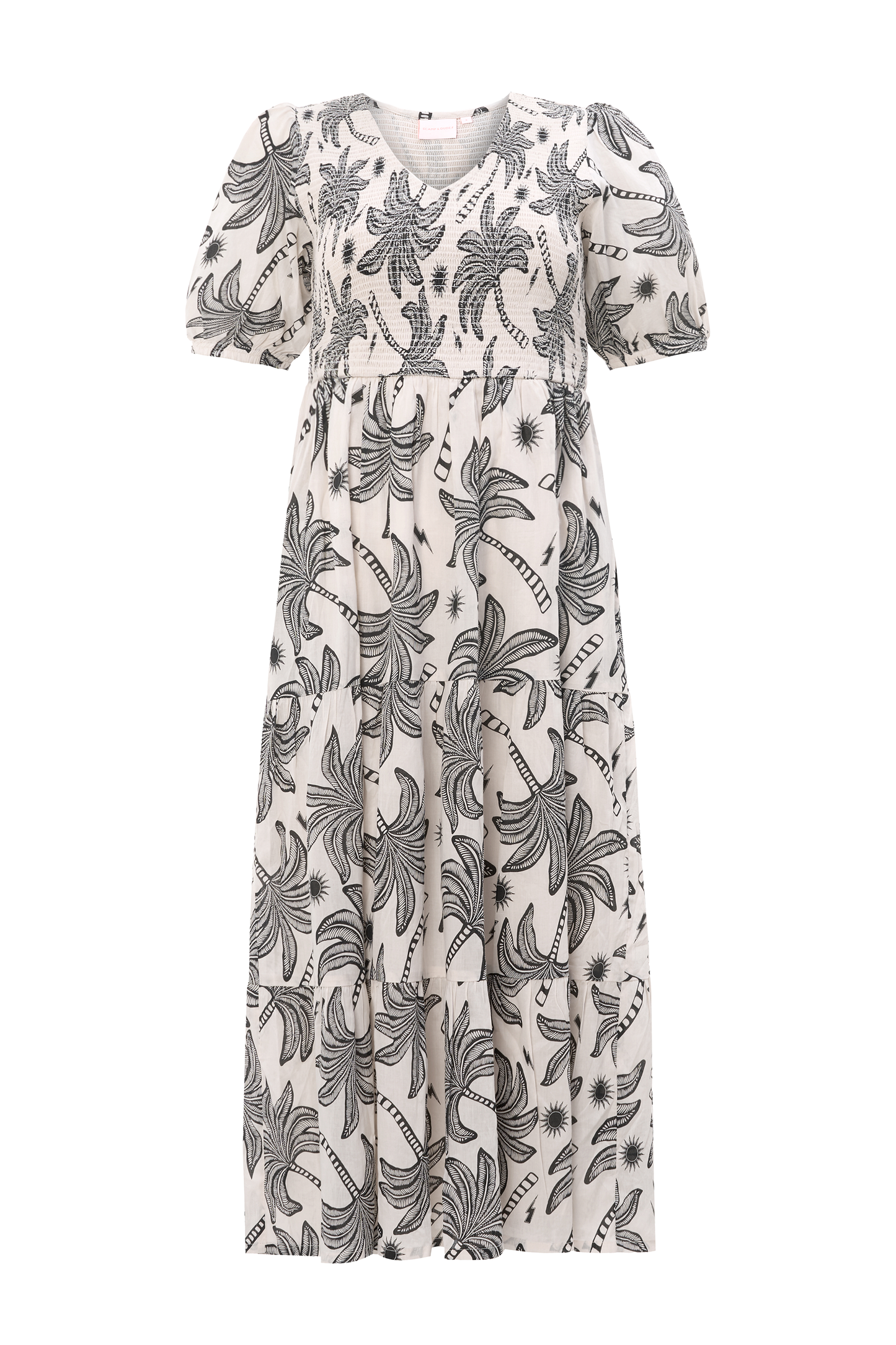 Neutral with Black Palm Spring Shirred Puff Sleeve Midi Dress