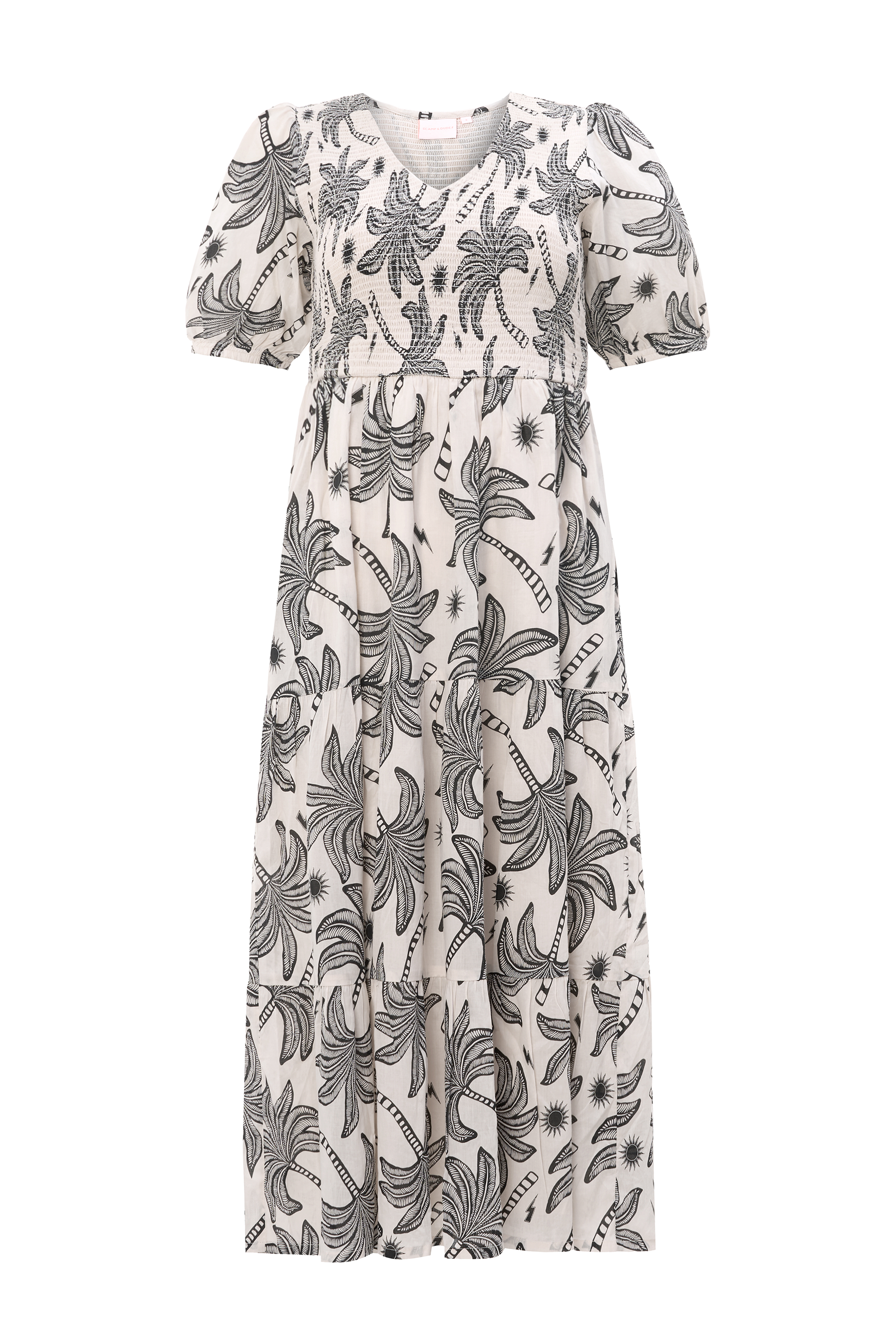 Neutral with Black Palm Spring Shirred Puff Sleeve Midi Dress