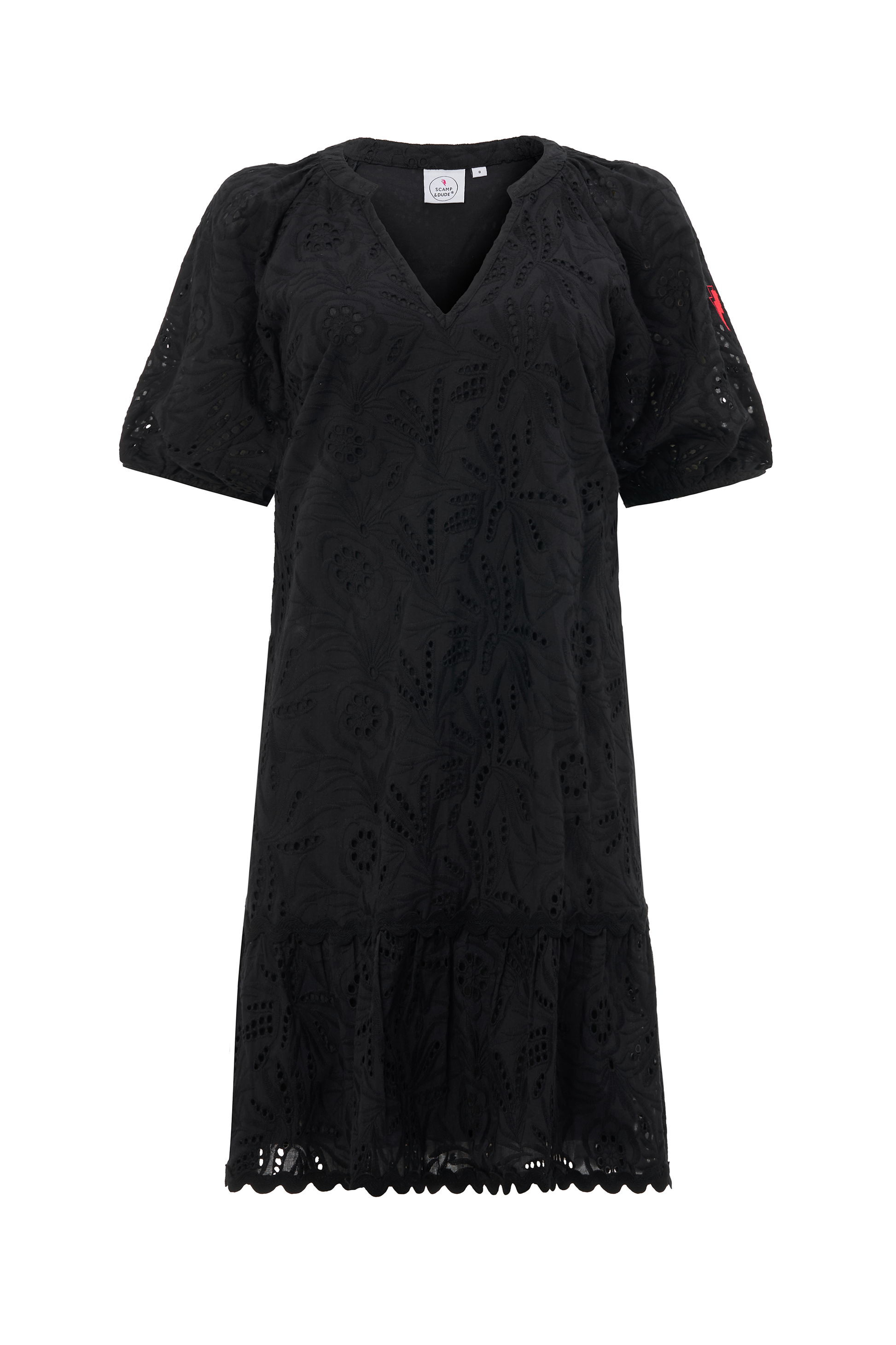 Black V-Neck Broderie Short Dress