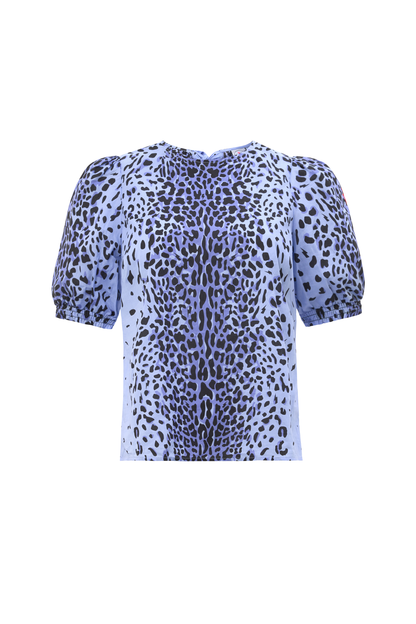 Blue with Black Wild Leopard Short Blouson Sleeve Top