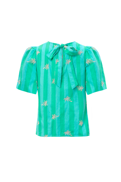 Blue with Green Stripe Short Blouson Sleeve Top