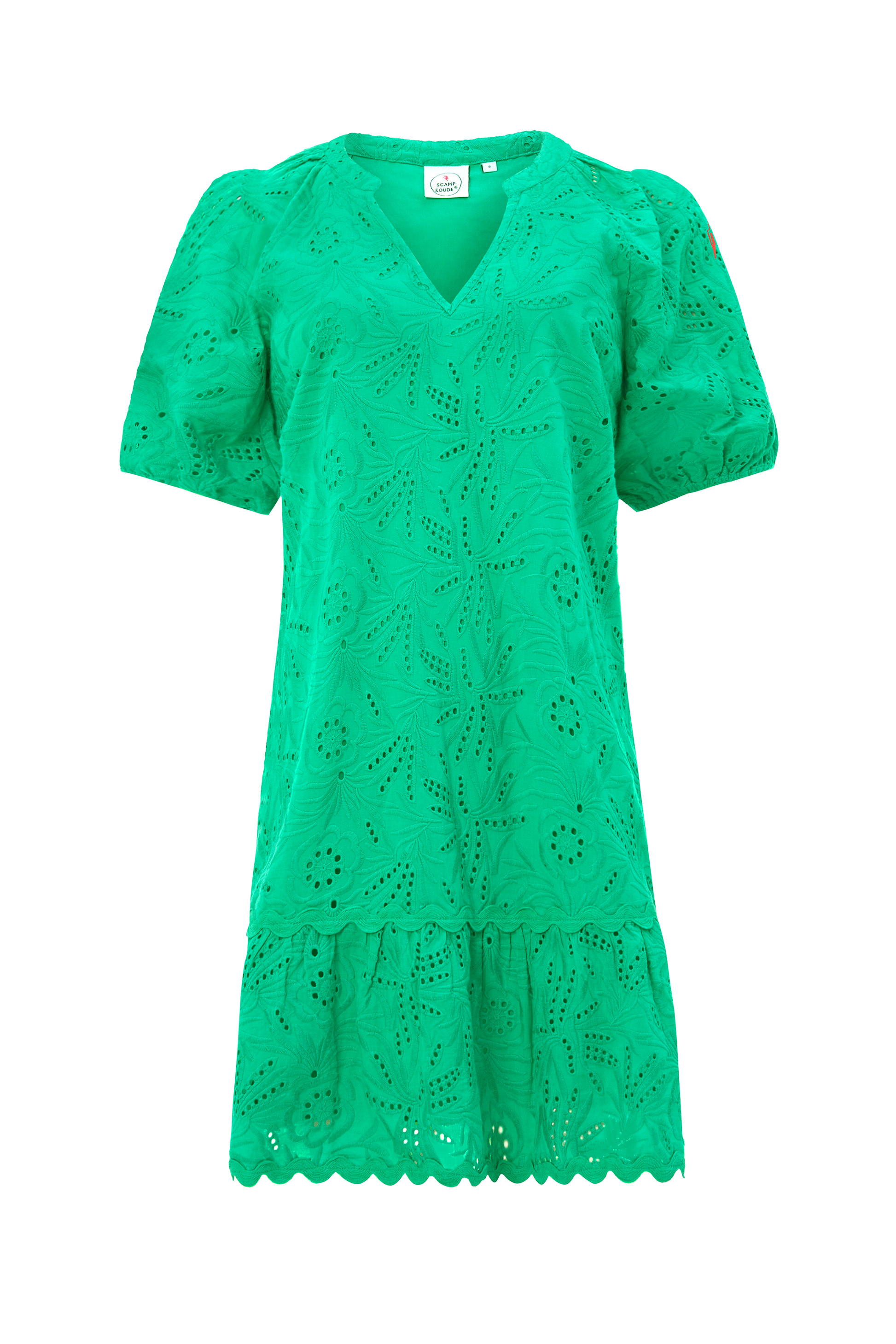 Green V-Neck Broderie Short Dress