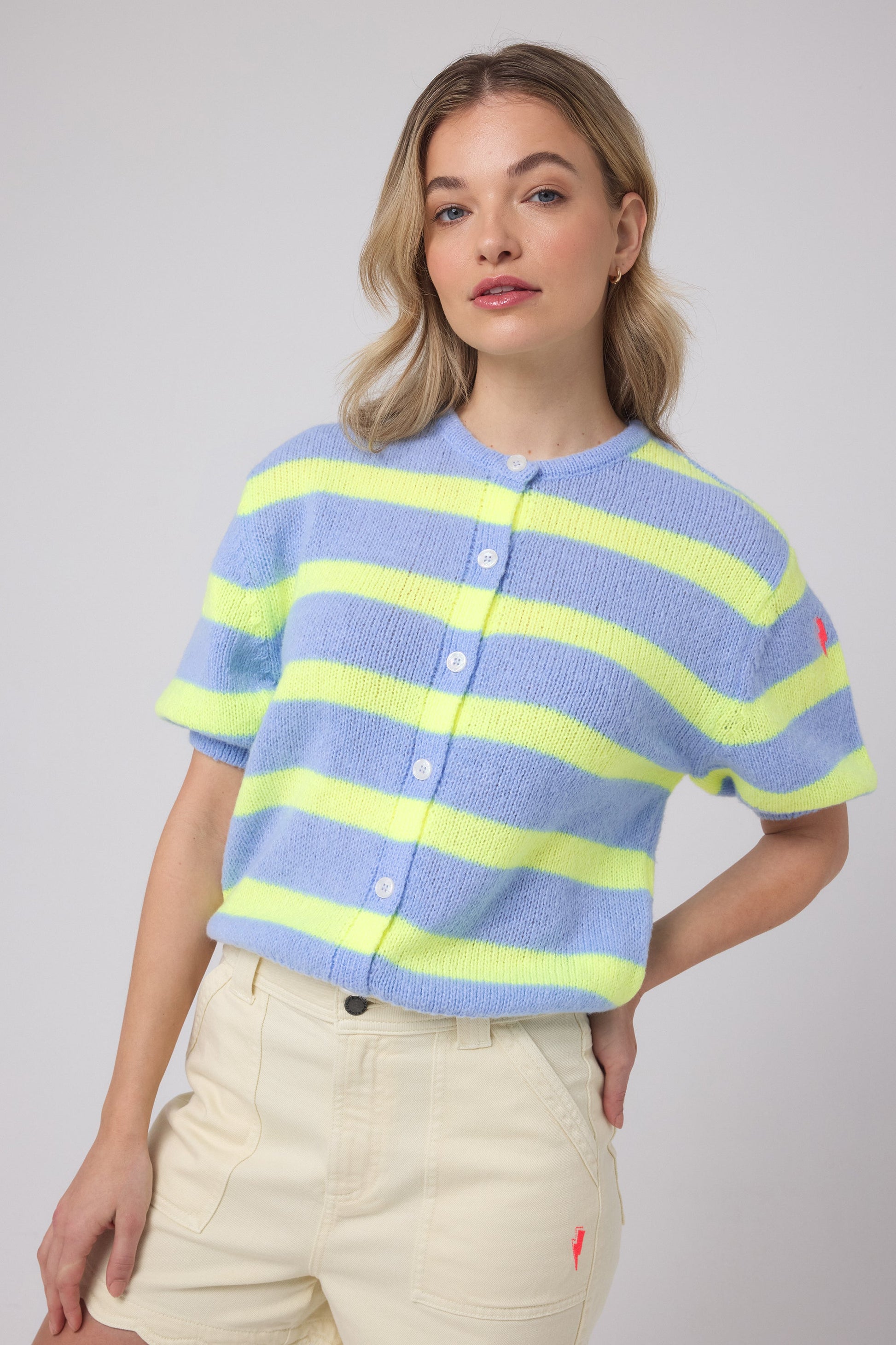 Light Blue with Yellow Stripe Short Sleeve Cardigan