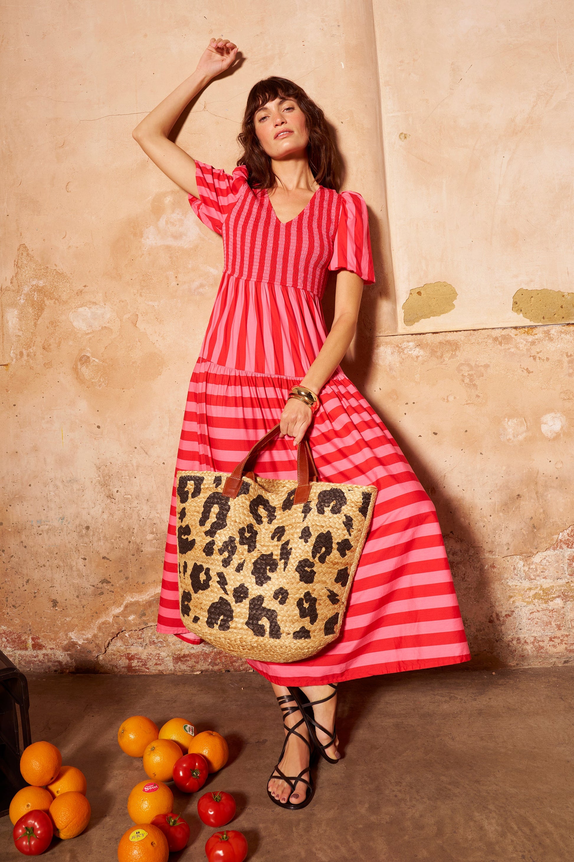 Red with Pink Stripe Puff Sleeve Maxi Dress