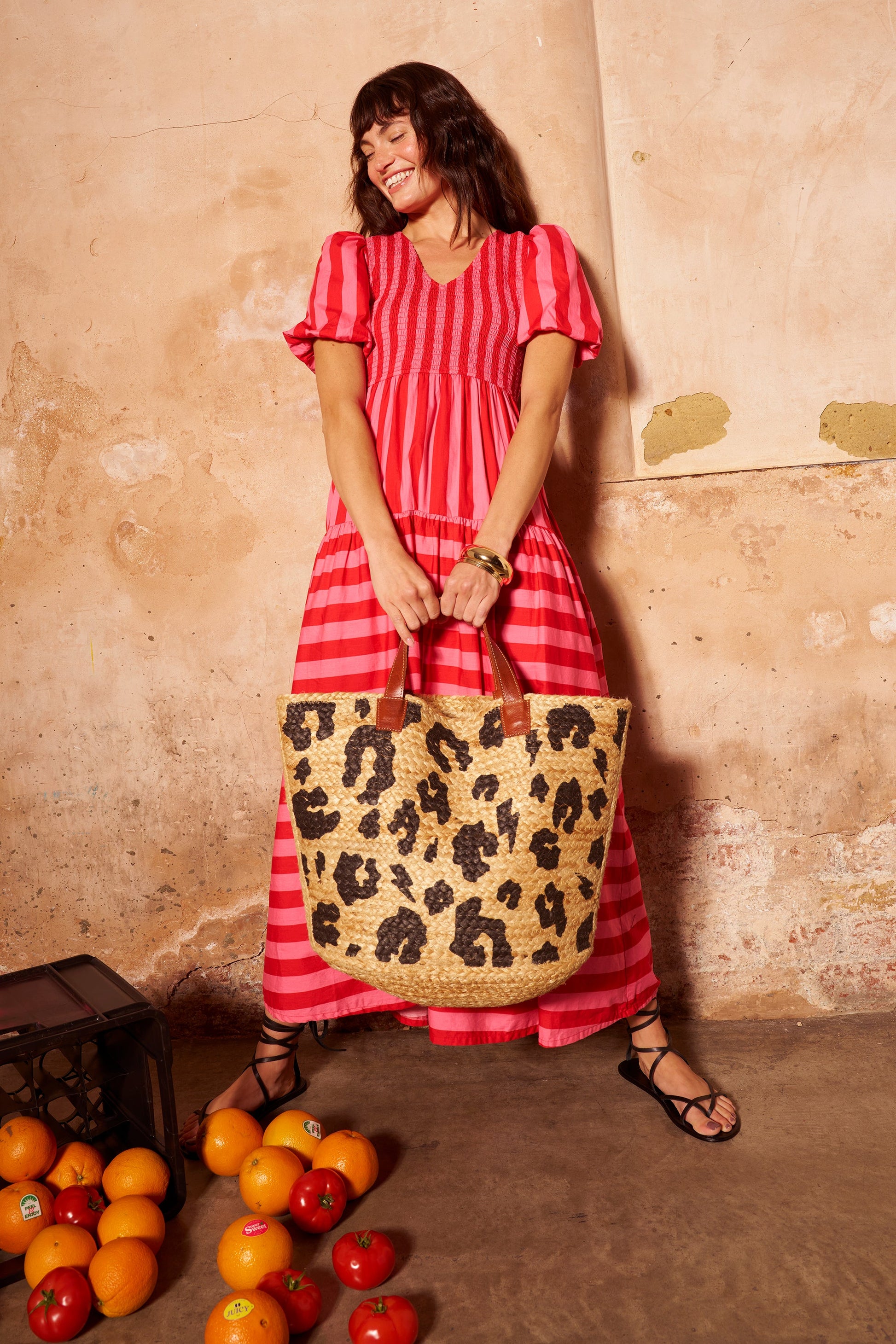 Red with Pink Stripe Puff Sleeve Maxi Dress