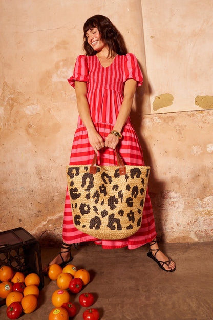 Red with Pink Stripe Puff Sleeve Maxi Dress