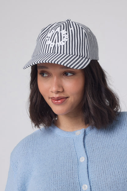 White with Navy Stripe Graphic Logo Cap