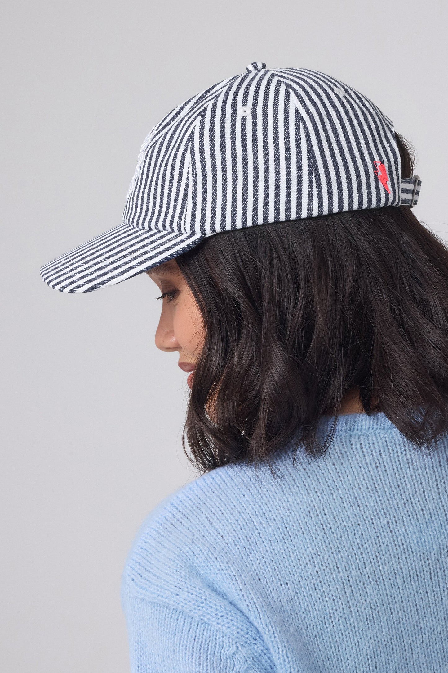 White with Navy Stripe Graphic Logo Cap