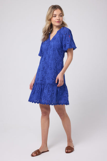 Blue V-Neck Broderie Short Dress