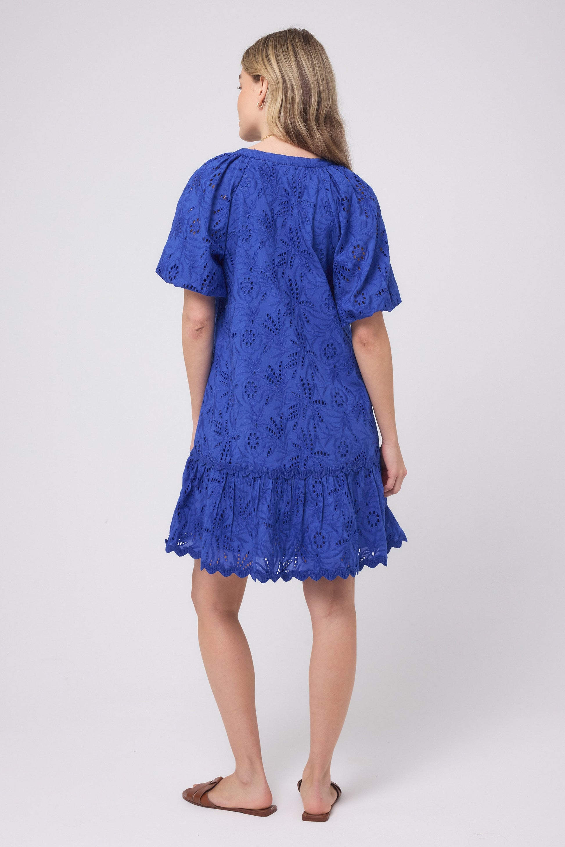 Blue V-Neck Broderie Short Dress