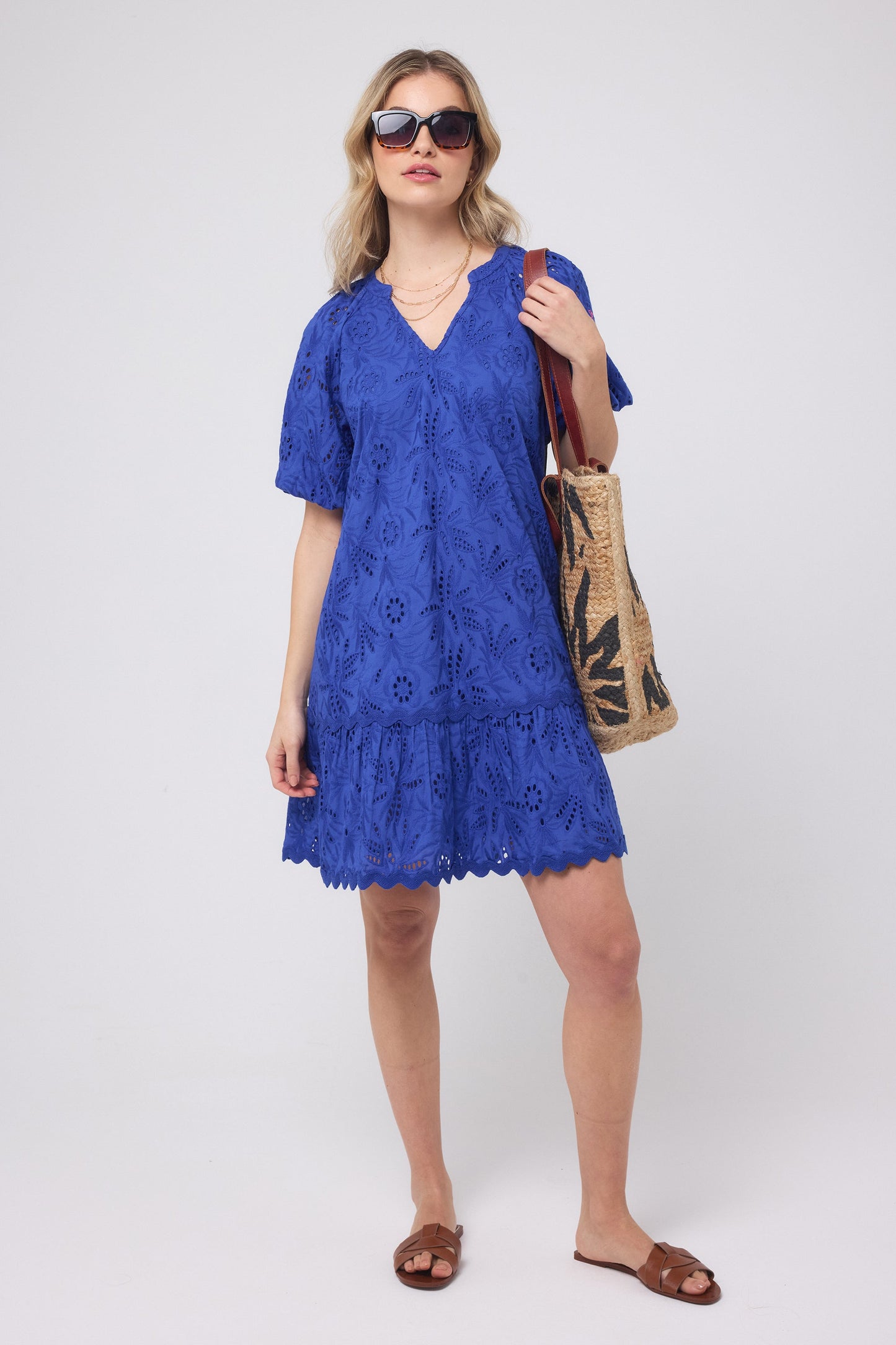 Blue V-Neck Broderie Short Dress