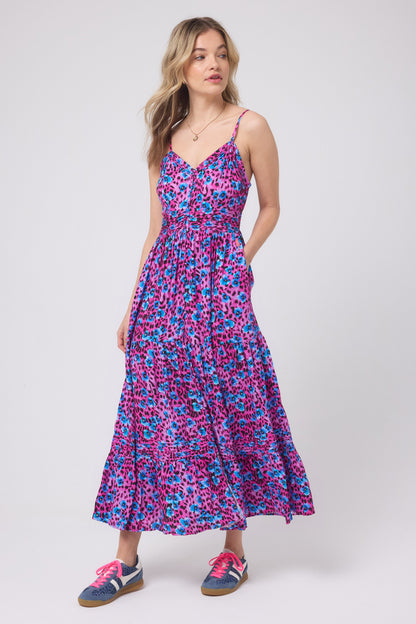 Bright Pink Paradise Cheetah Pintuck Midi Sundress