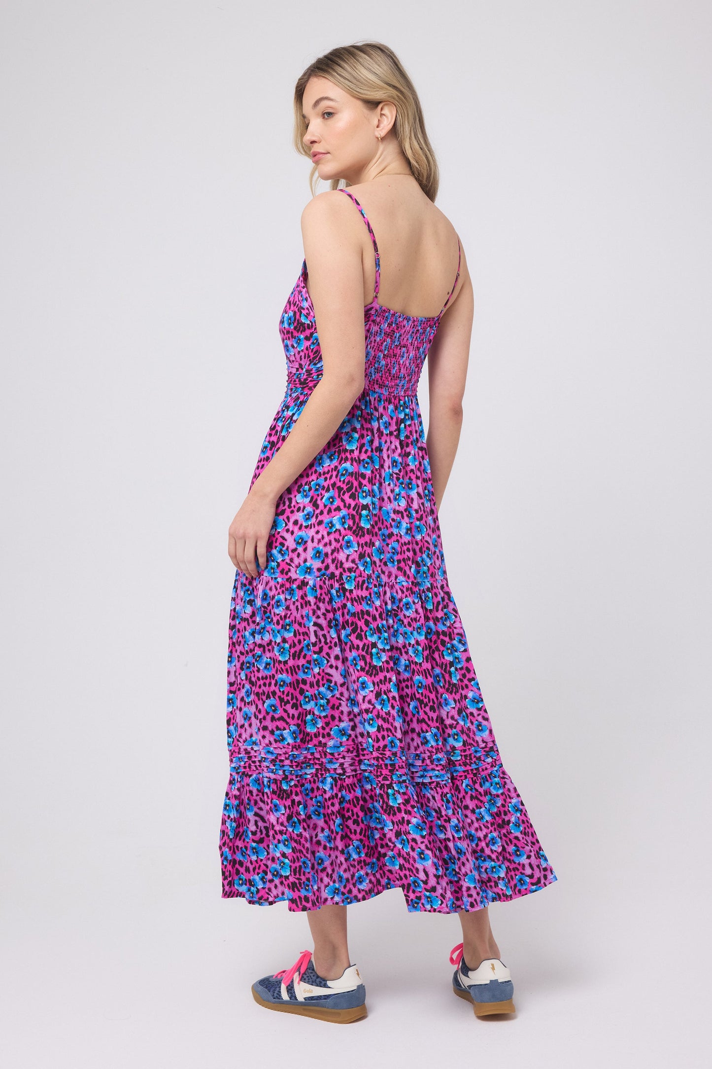 Bright Pink Paradise Cheetah Pintuck Midi Sundress