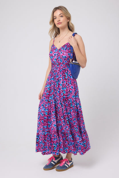 Bright Pink Paradise Cheetah Pintuck Midi Sundress