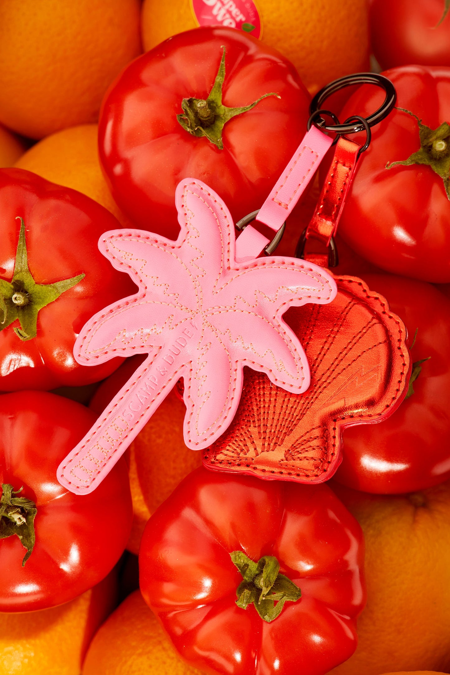 Neon Pink Palm and Red Shell Mirror Keyring