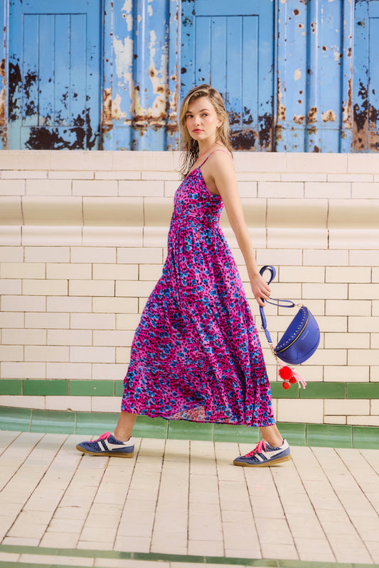 Bright Pink Paradise Cheetah Pintuck Midi Sundress