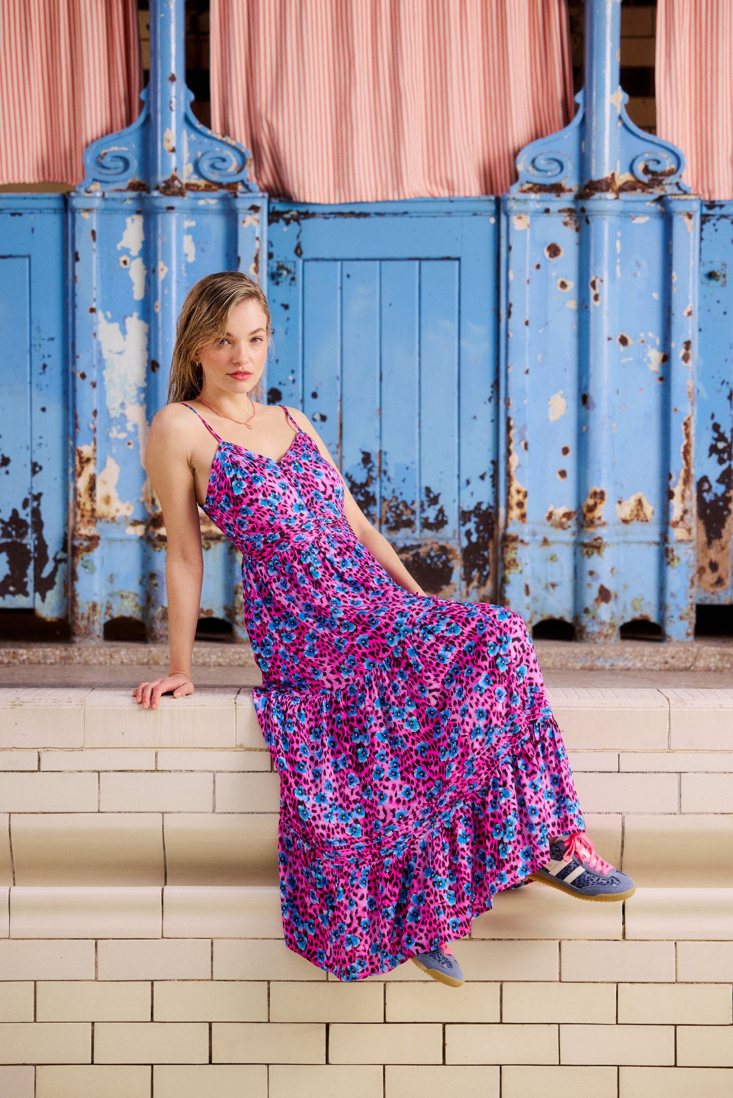 Bright Pink Paradise Cheetah Pintuck Midi Sundress