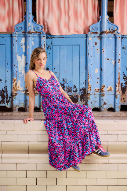 Bright Pink Paradise Cheetah Pintuck Midi Sundress