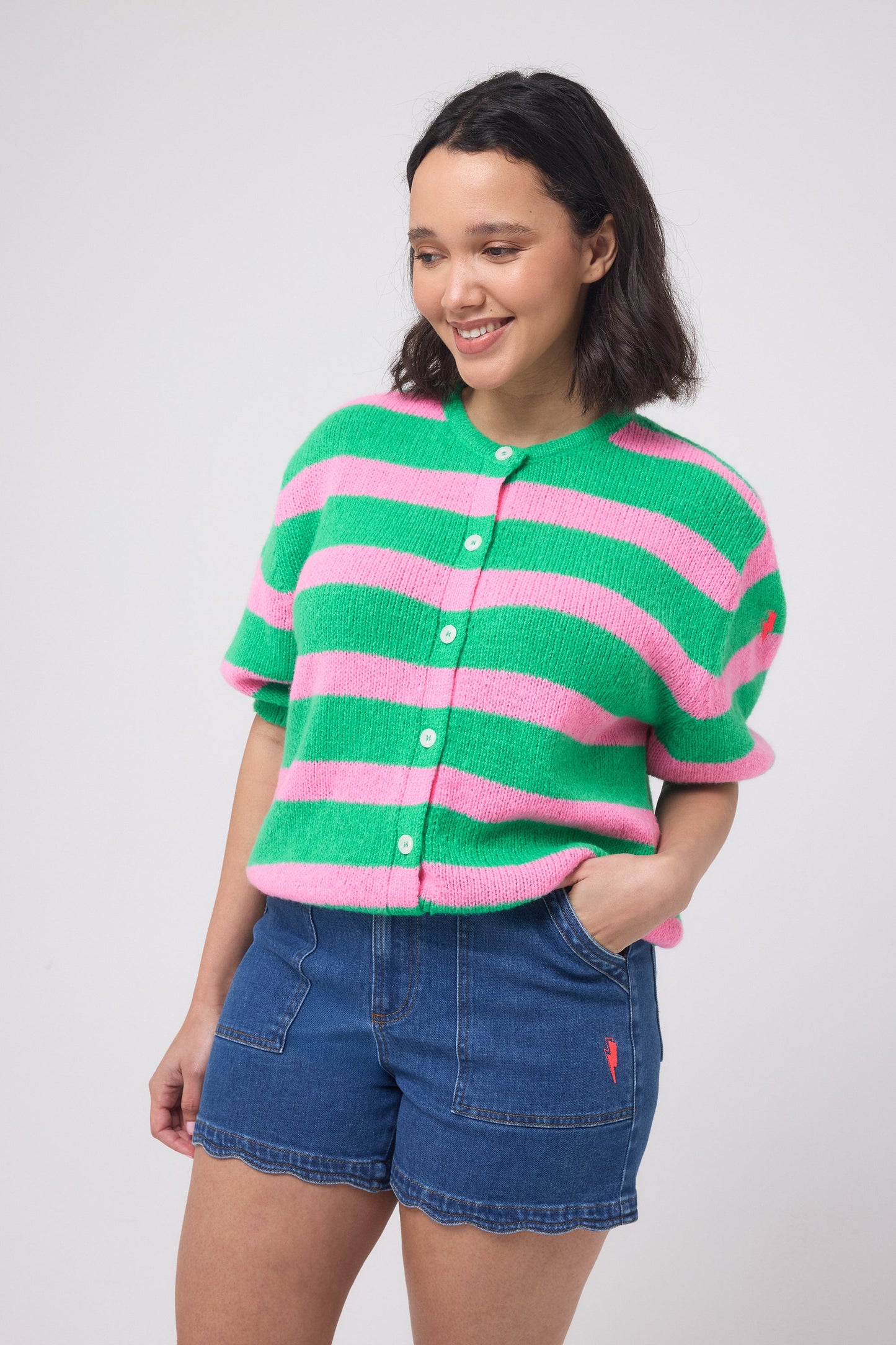 Green with Pink Stripe Short Sleeve Cardigan