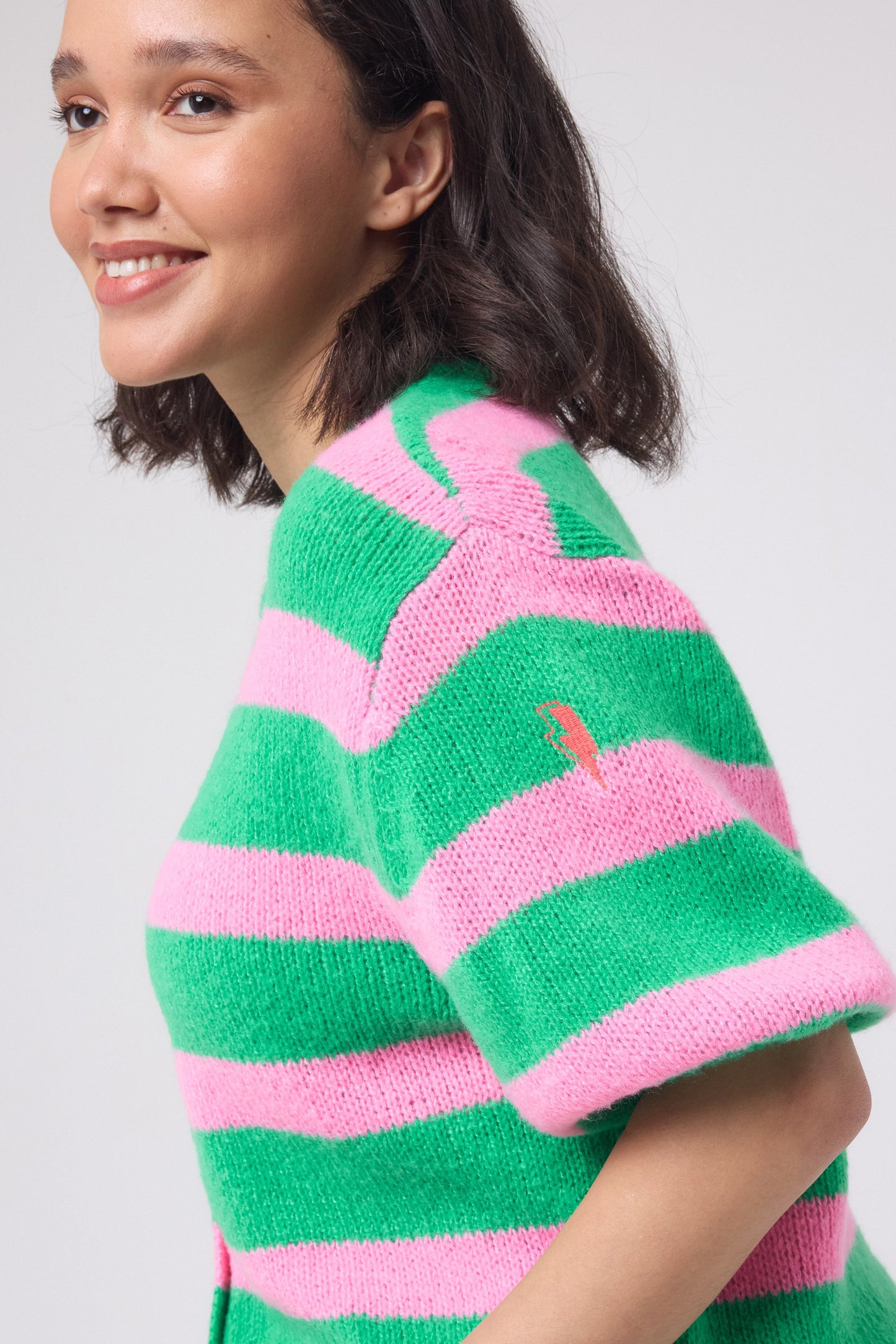Green with Pink Stripe Short Sleeve Cardigan