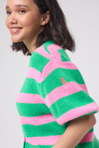 Green with Pink Stripe Short Sleeve Cardigan
