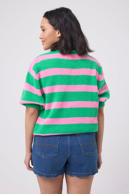 Green with Pink Stripe Short Sleeve Cardigan