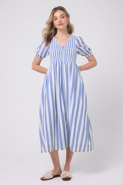 Blue with White Stripe Shirred Zip Detail Midi Dress