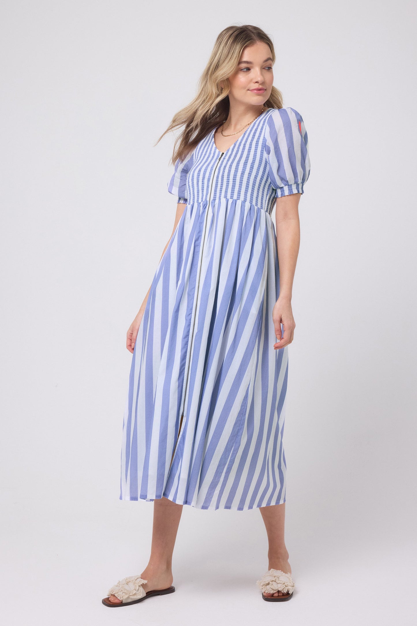 Blue with White Stripe Shirred Zip Detail Midi Dress