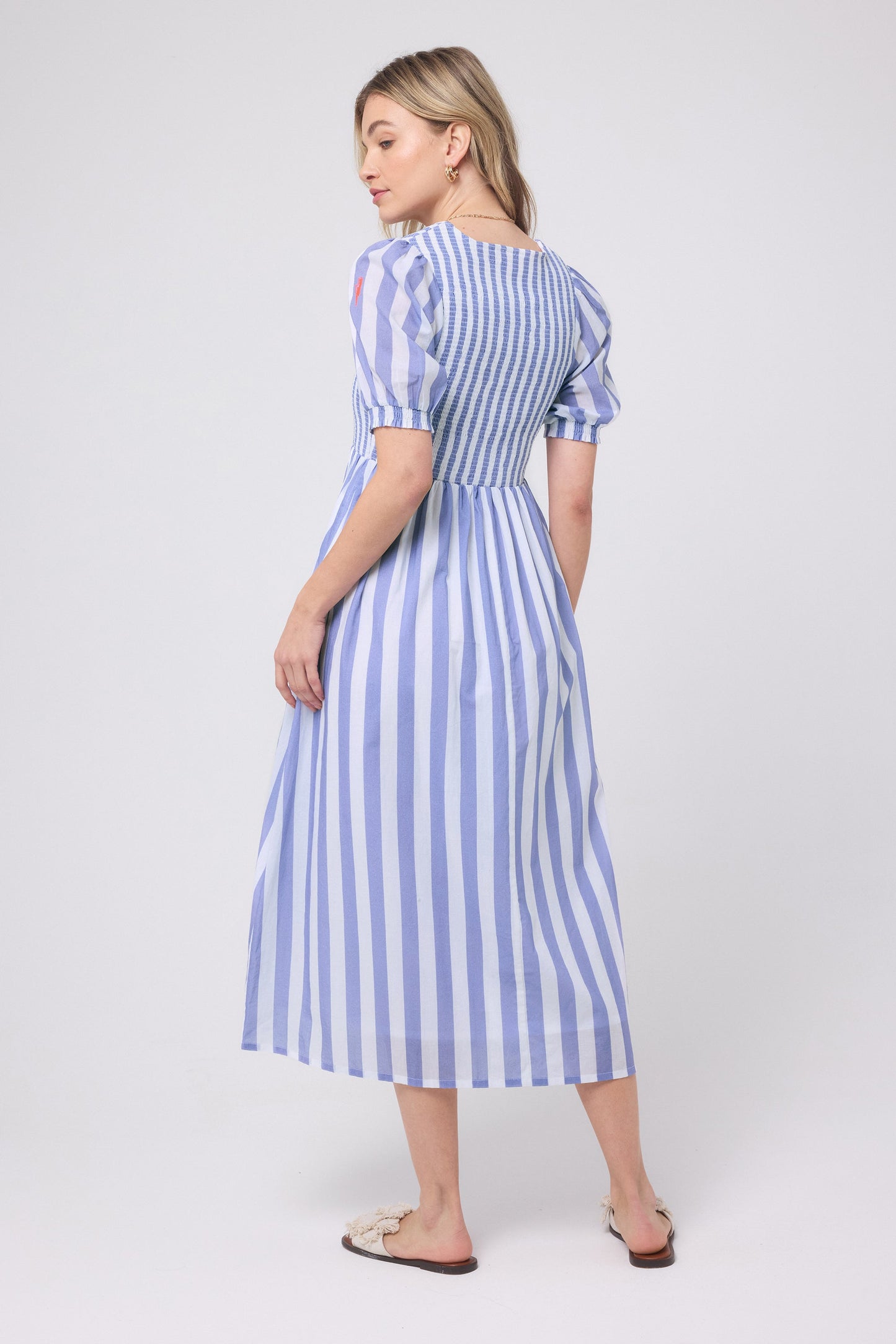 Blue with White Stripe Shirred Zip Detail Midi Dress