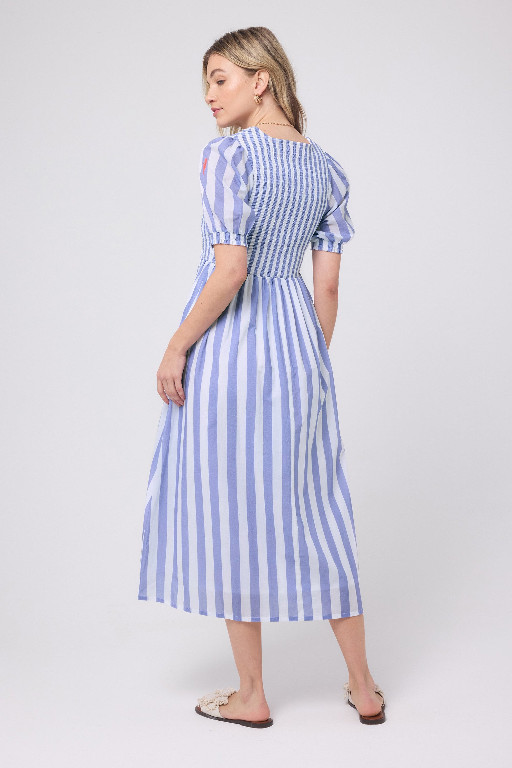 Blue with White Stripe Shirred Zip Detail Midi Dress