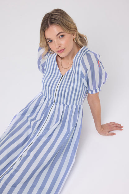 Blue with White Stripe Shirred Zip Detail Midi Dress