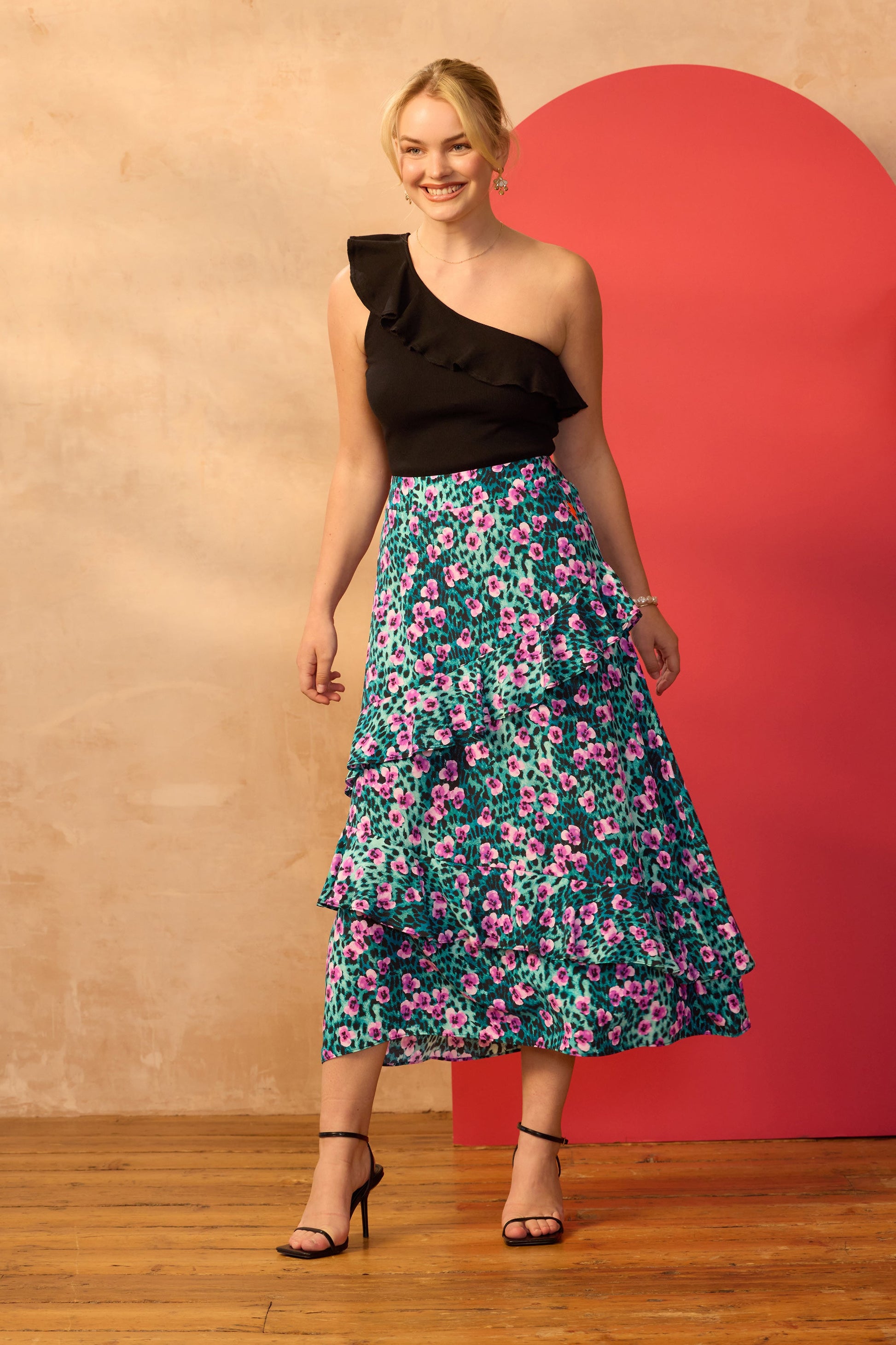 Turquoise Paradise Cheetah Ruffle Detail Midi Skirt