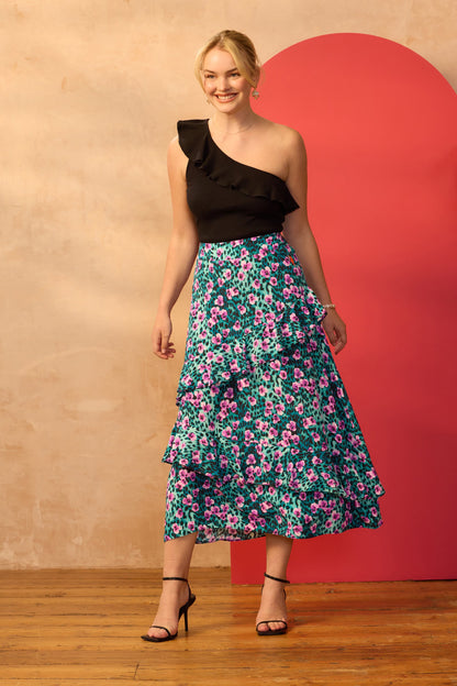 Turquoise Paradise Cheetah Ruffle Detail Midi Skirt