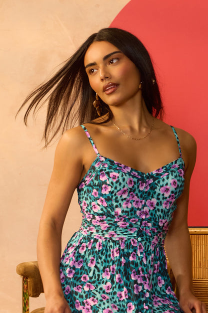 Turquoise Paradise Cheetah Pintuck Midi Sundress