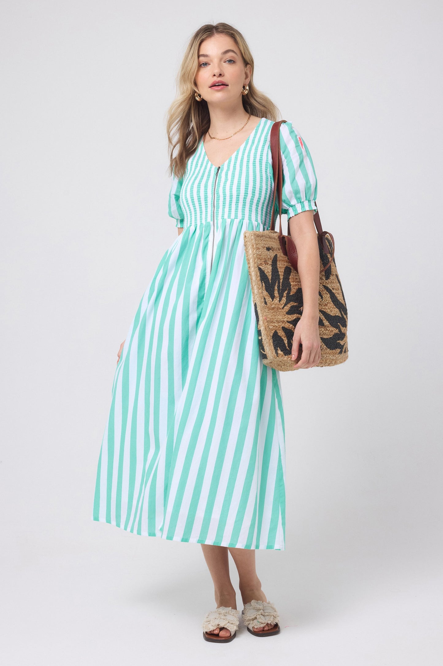 Green with White Stripe Shirred Zip Detail Midi Dress