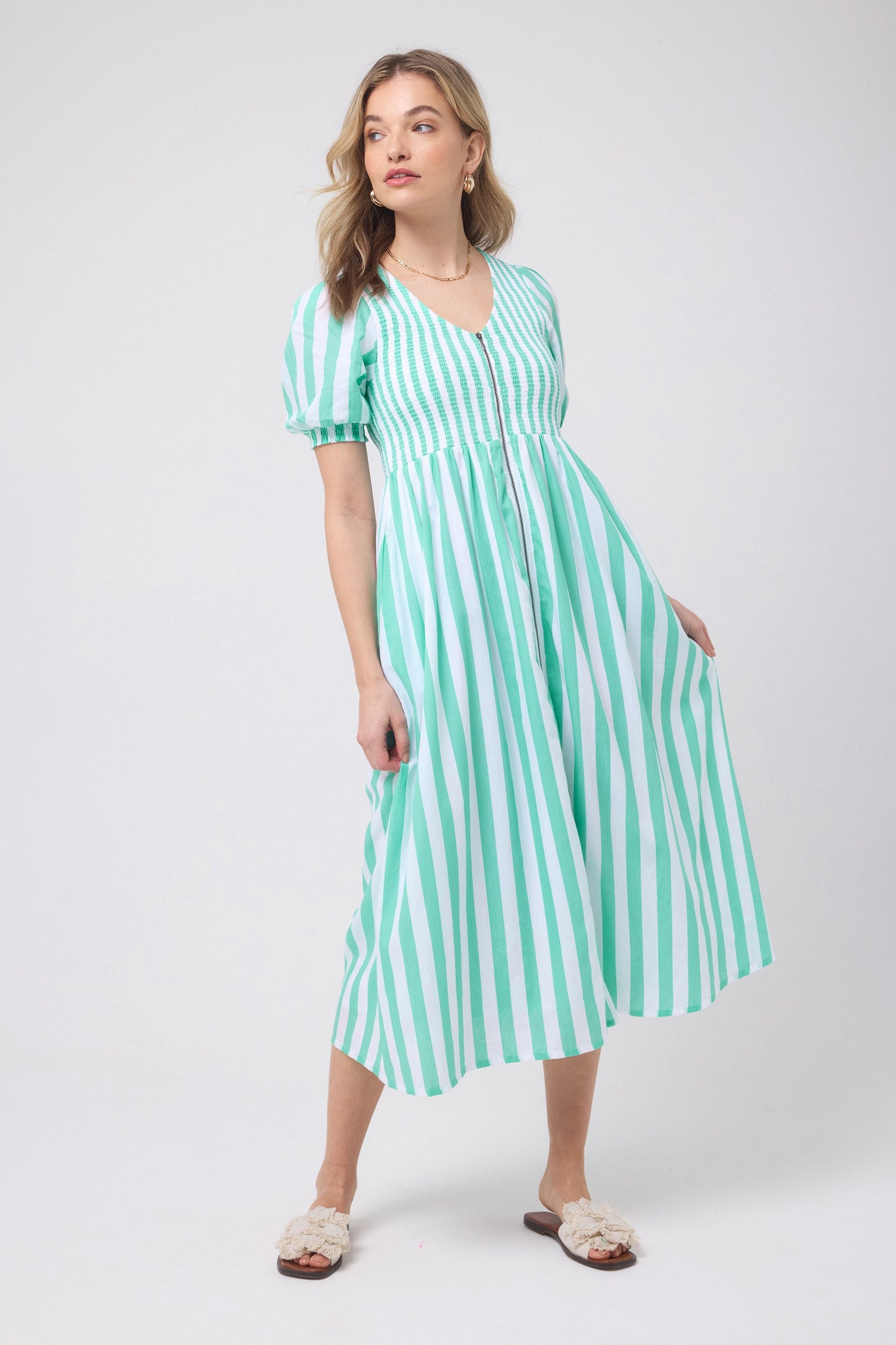 Green with White Stripe Shirred Zip Detail Midi Dress