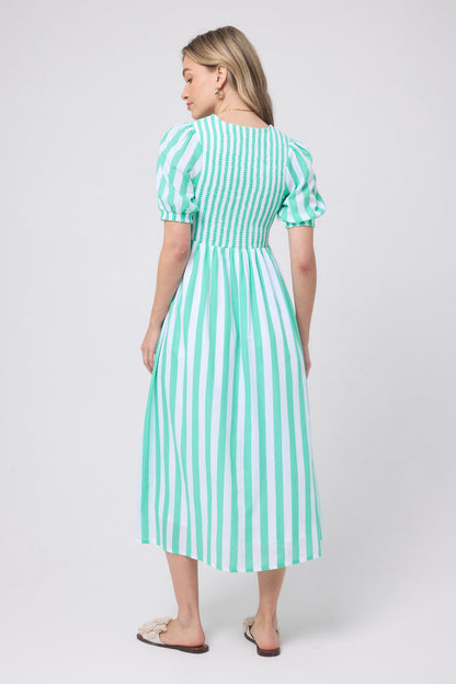 Green with White Stripe Shirred Zip Detail Midi Dress