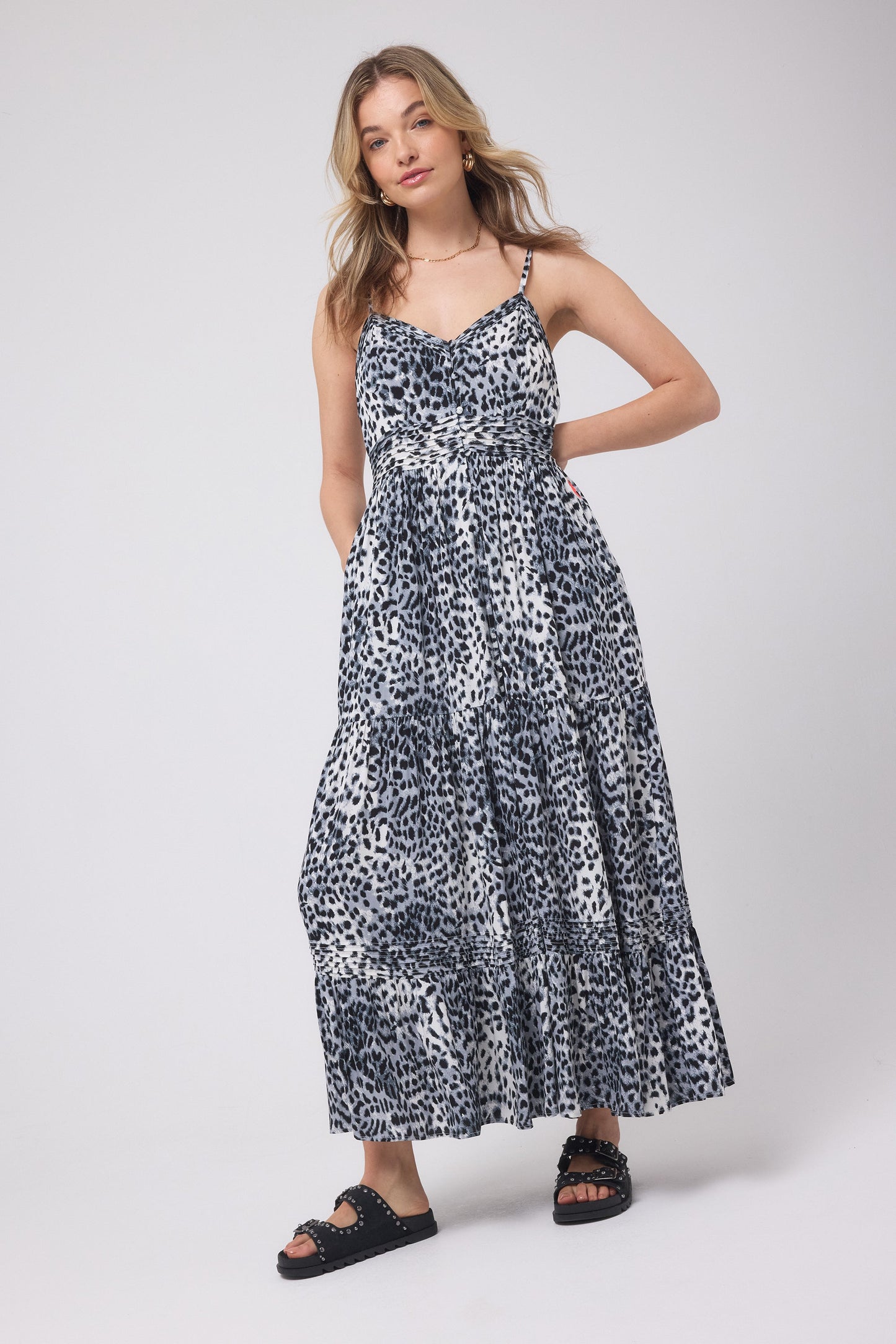 Grey with Black Cheetah Pintuck Midi Sundress