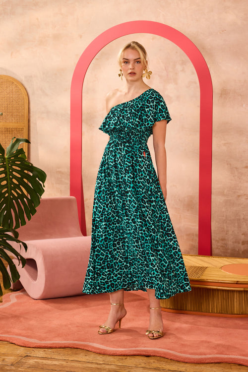 Green Jaguar One Shoulder Midi Dress