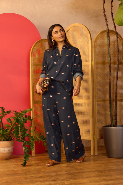 Navy with Gold Foil Wide Leg Trousers