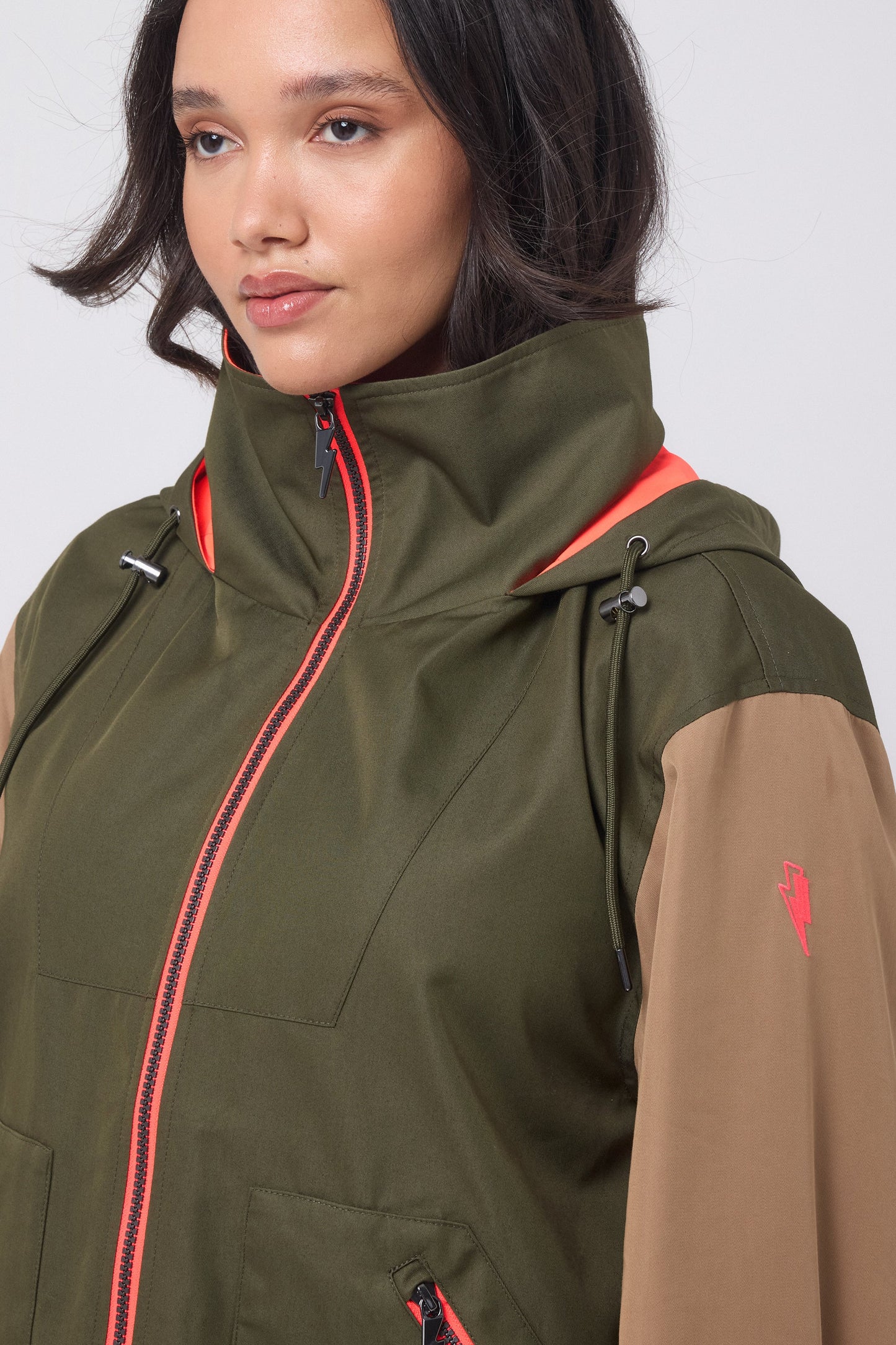 Khaki with Camel and Coral Colourblock Short Trench Coat