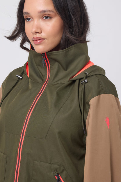Khaki with Camel and Coral Colourblock Short Trench Coat