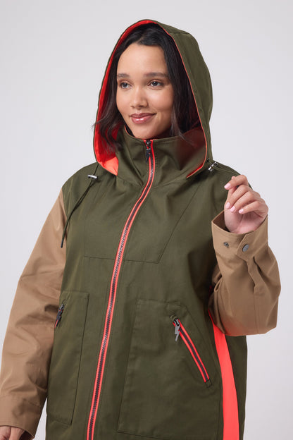 Khaki with Camel and Coral Colourblock Short Trench Coat