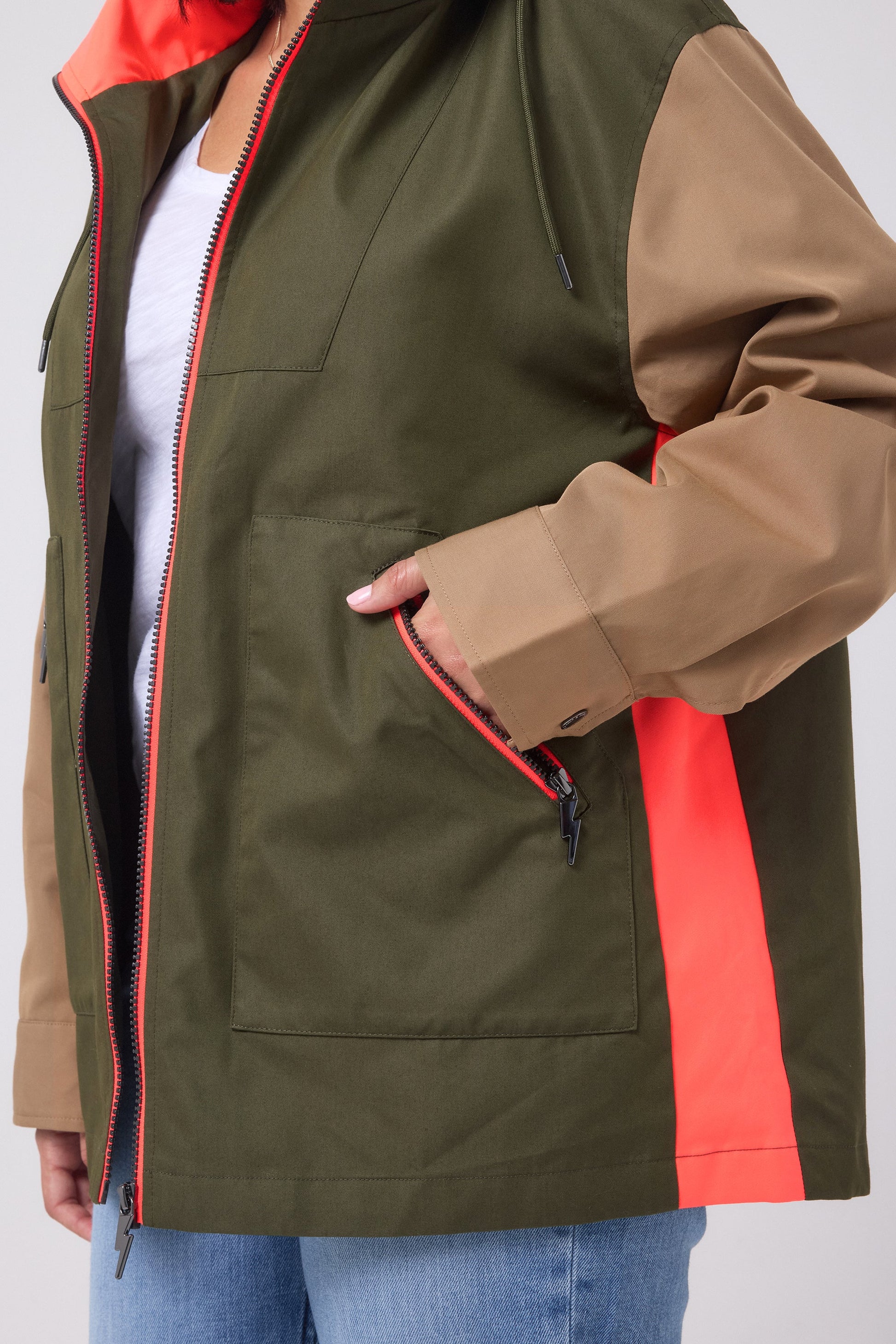 Khaki with Camel and Coral Colourblock Short Trench Coat