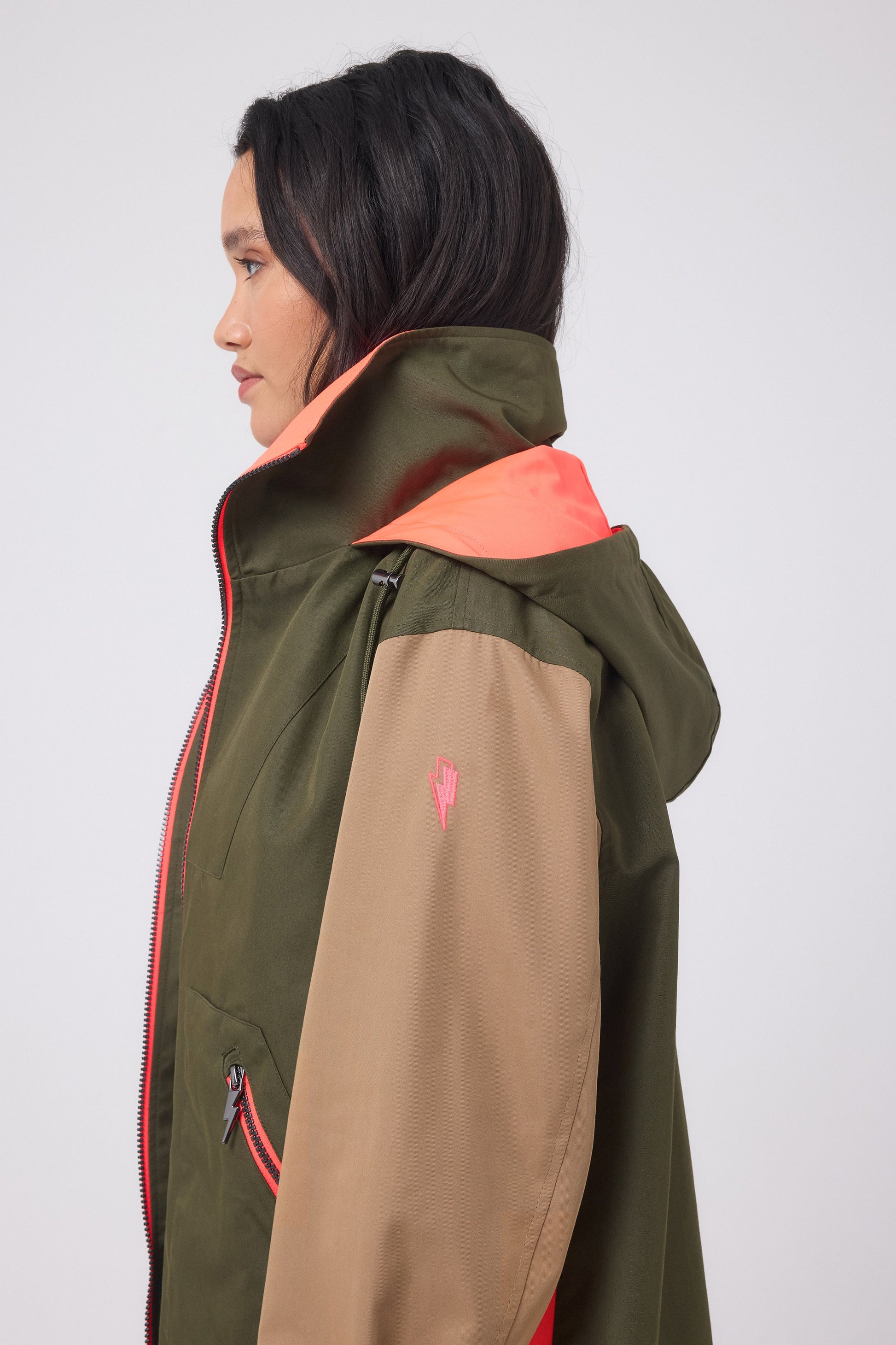 Khaki with Camel and Coral Colourblock Short Trench Coat