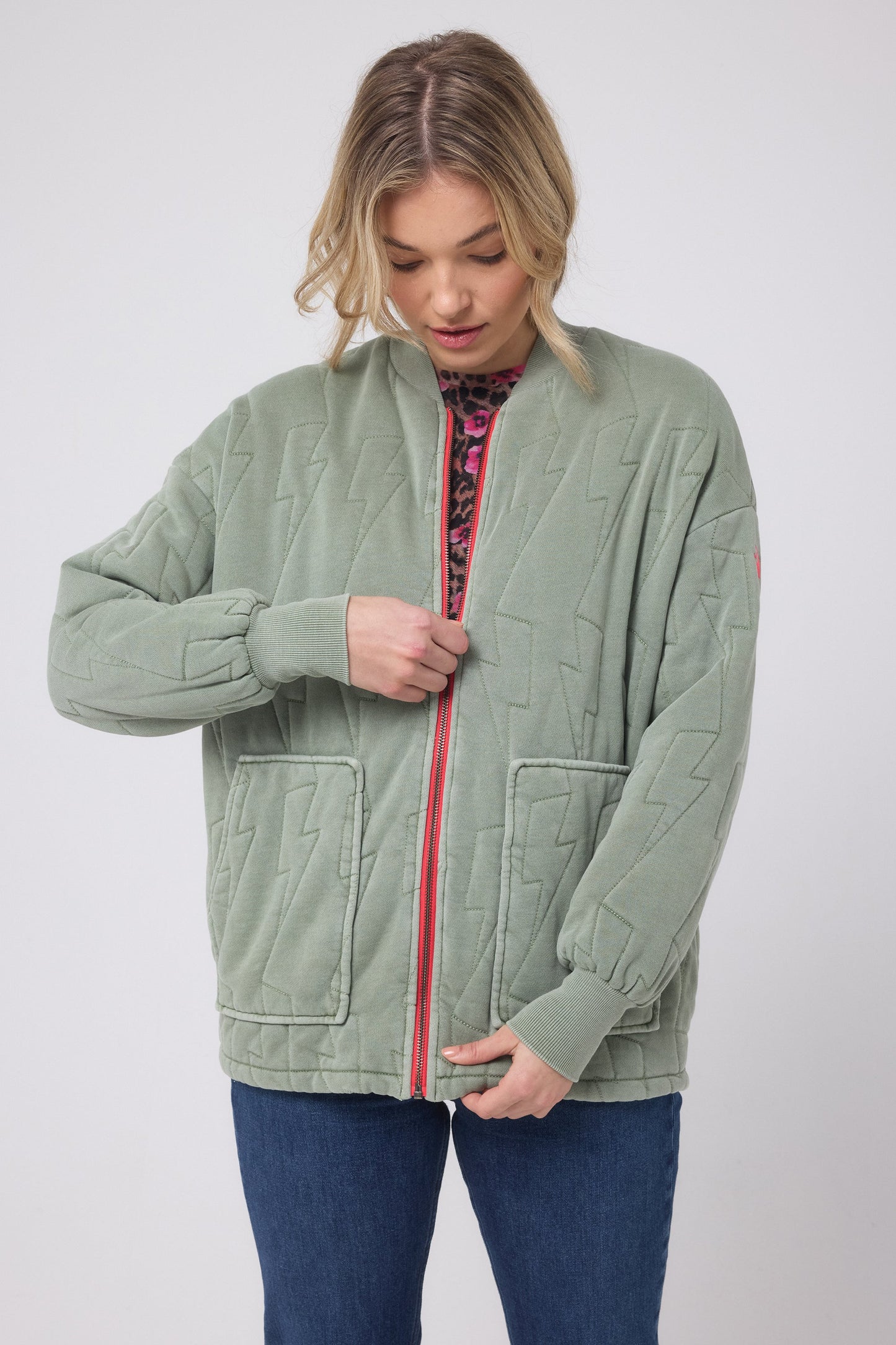 Khaki Lightning Bolt Regular Fit Quilted Bomber Jacket